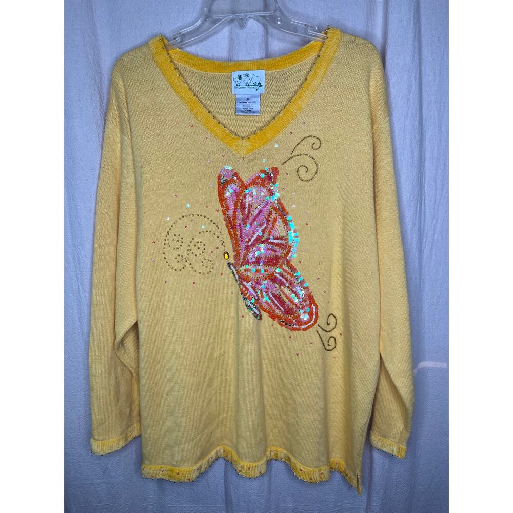 2000s Quacker Factory Butter Yellow Butterfly Sequin Sparkle Chenille Sweater 2X